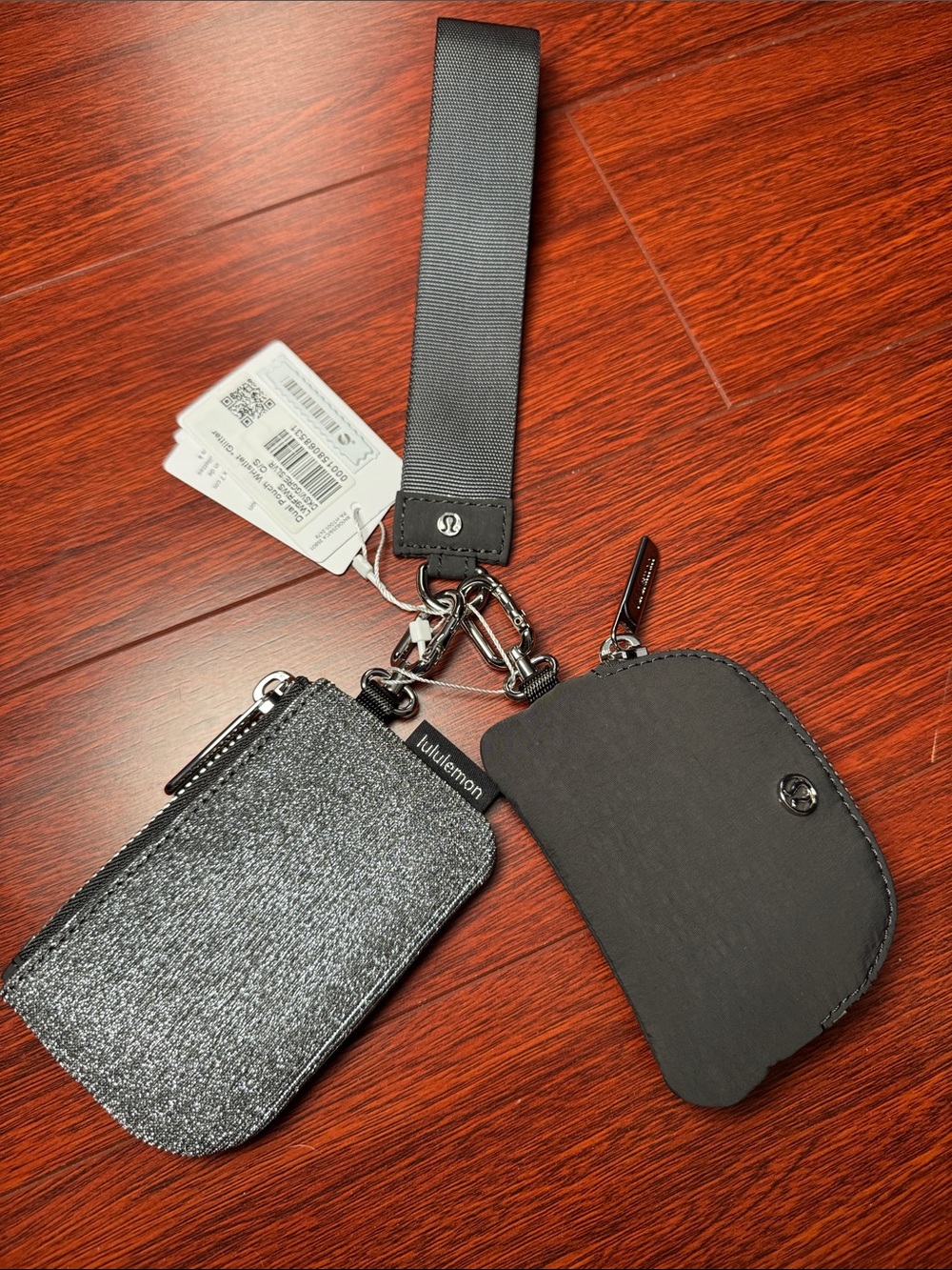 Lululemon Dual Pouch Wristlet Keychain Set in Black and Glittered Gray